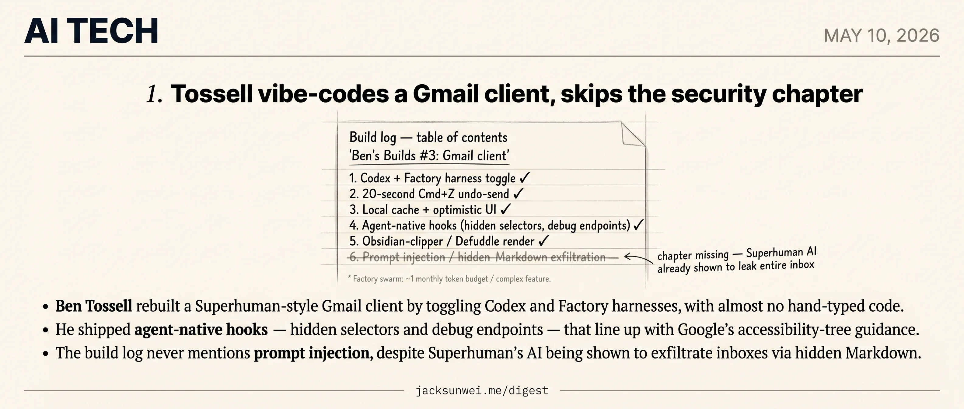 Tossell's Codex-built Gmail client ships agent hooks, skips the injection audit