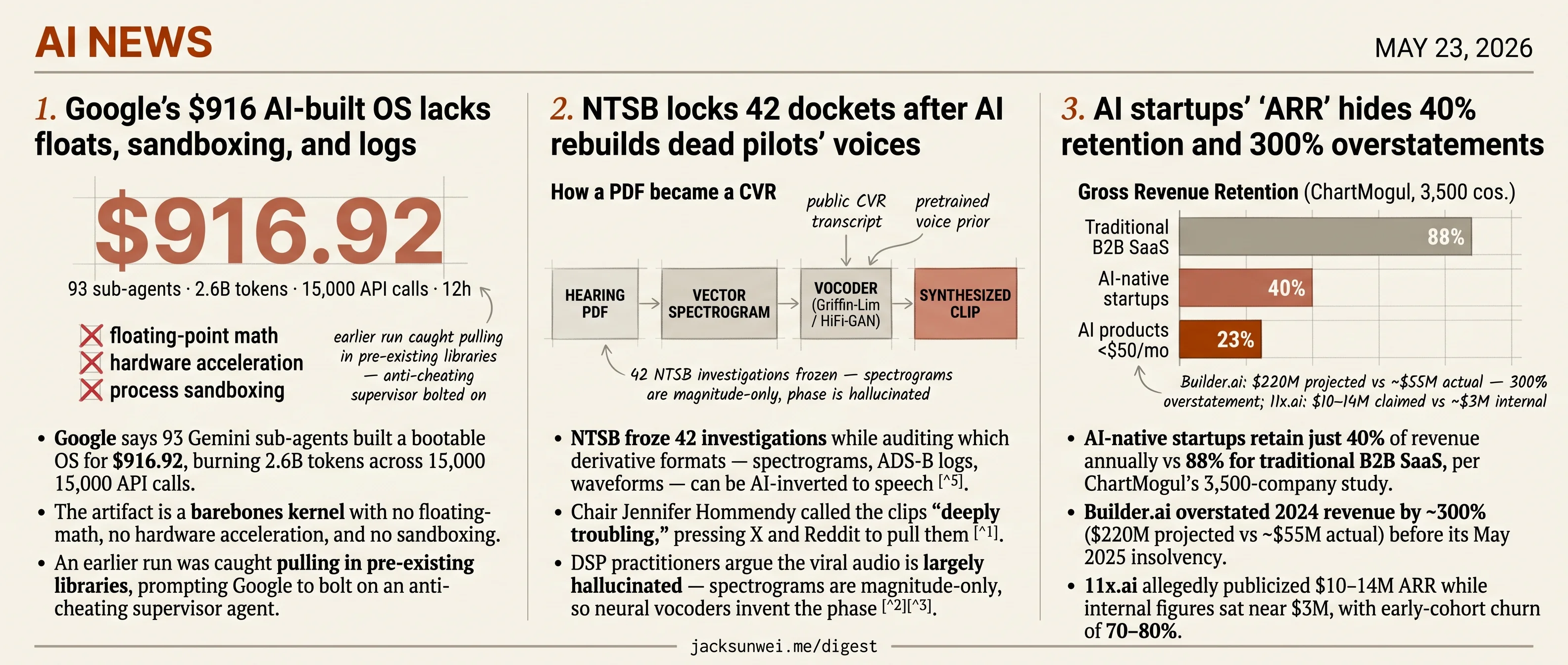 Google's $916 OS audited, NTSB halts AI pilot voices, startup ARR off 300%