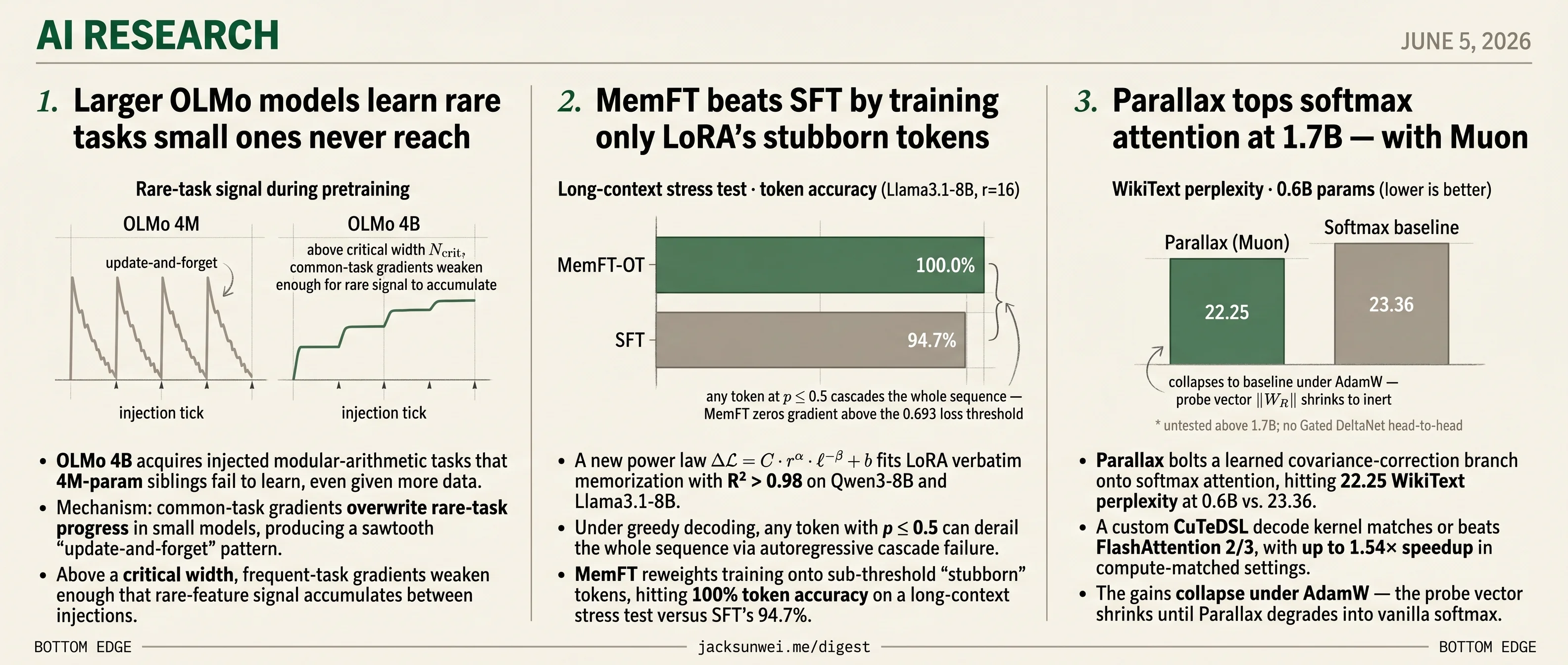 OLMo needs width, MemFT needs token reweighting, Parallax needs Muon