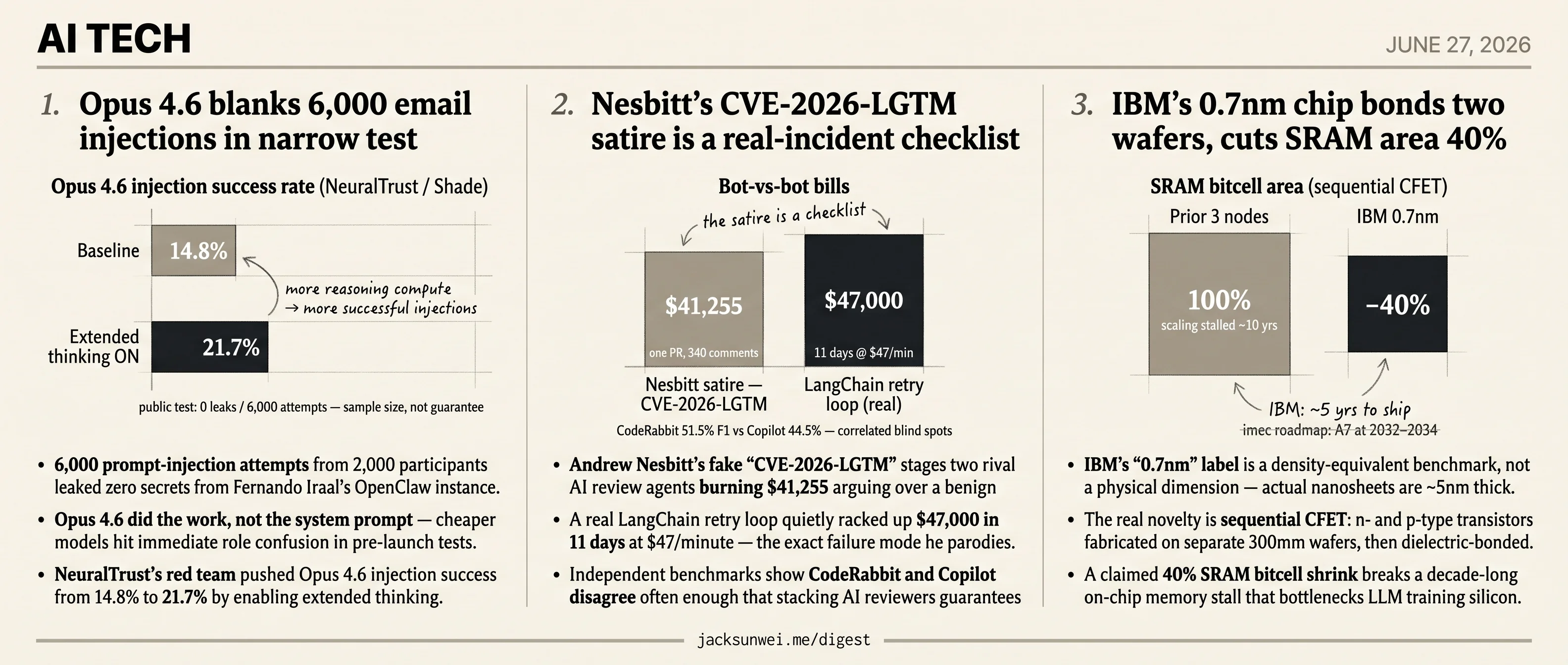 Opus 4.6 blanks 6,000 injections, Nesbitt parodies $41K loops, IBM bonds 0.7nm
