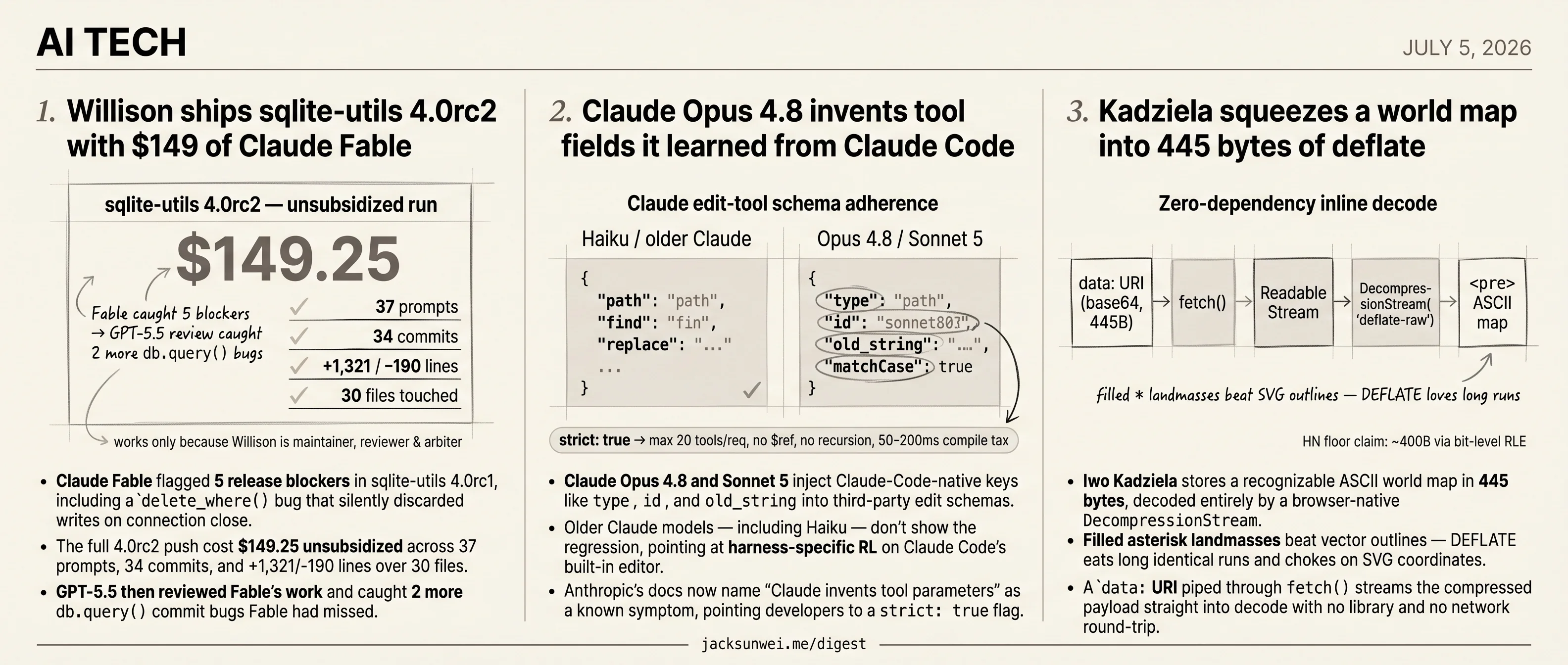 Fable holds only for Willison, Opus 4.8 only in Claude Code, map only as ASCII