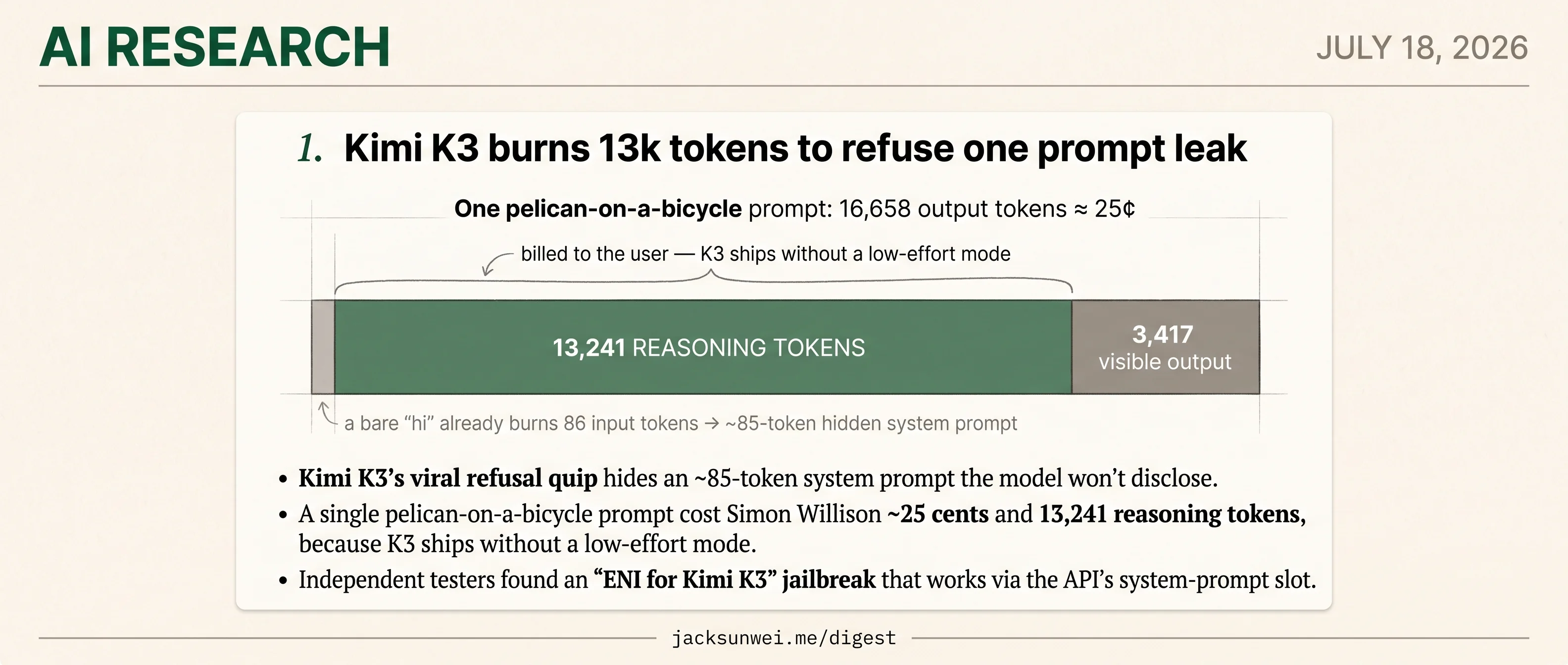 Kimi K3's costly refusal leaks its prompt, its jailbreak, and a Claude tell