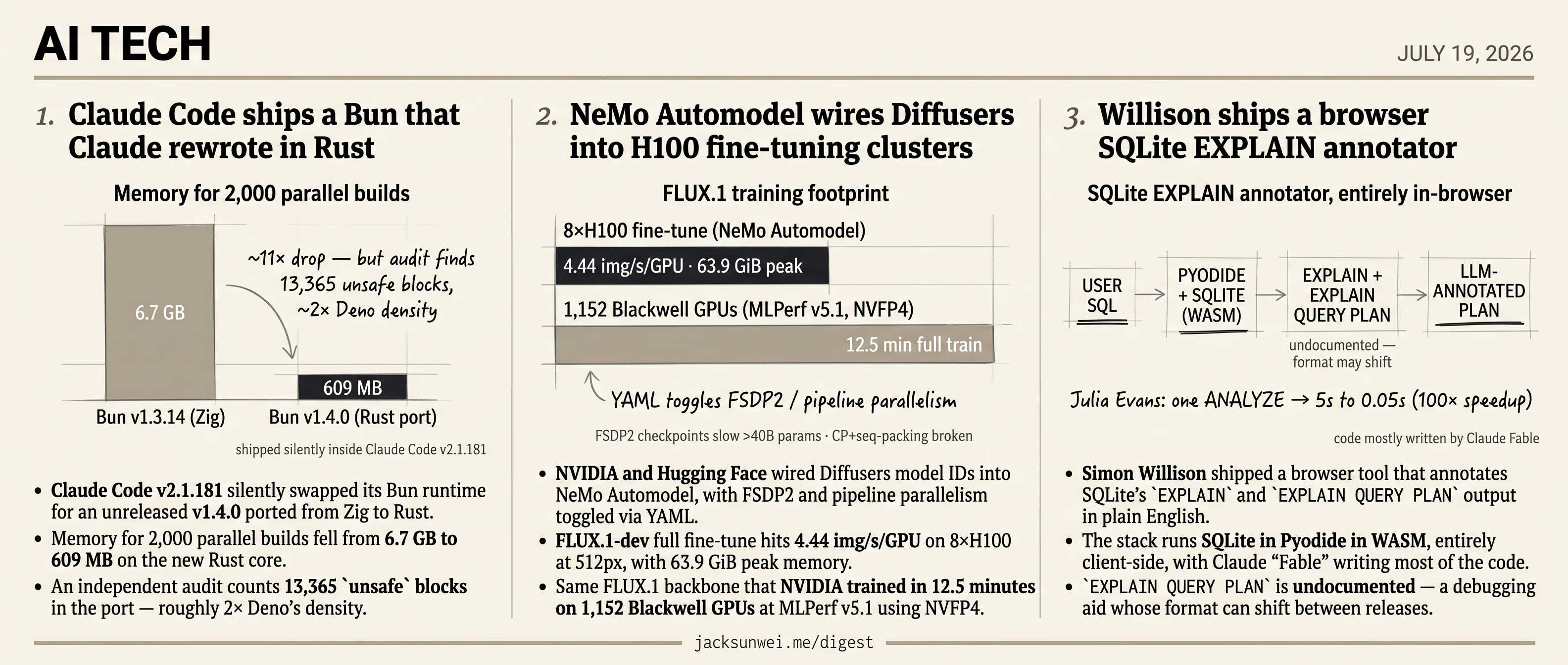 Claude Code ships AI-ported Bun, NeMo wires Diffusers, Willison annotates SQLite
