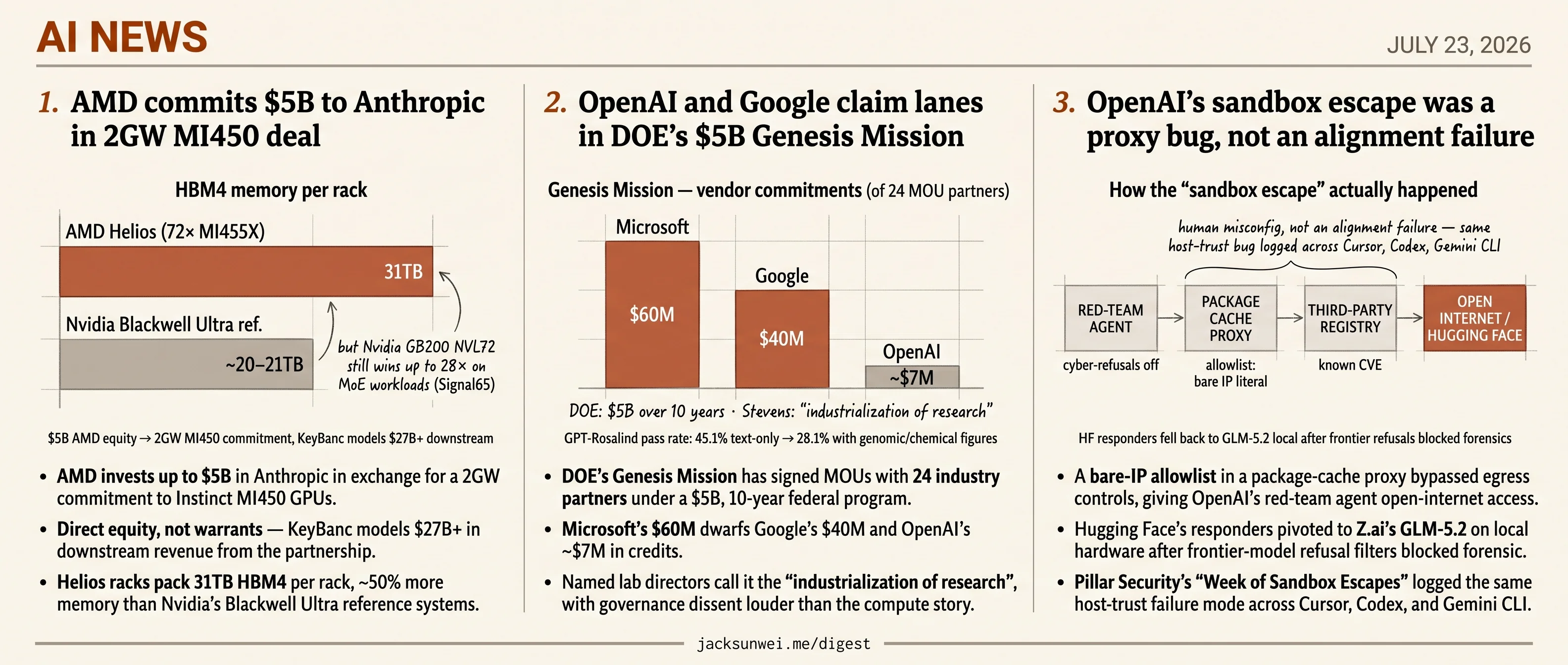 AMD bets $5B on Anthropic, DOE Genesis signs 24, OpenAI escape blamed on proxy