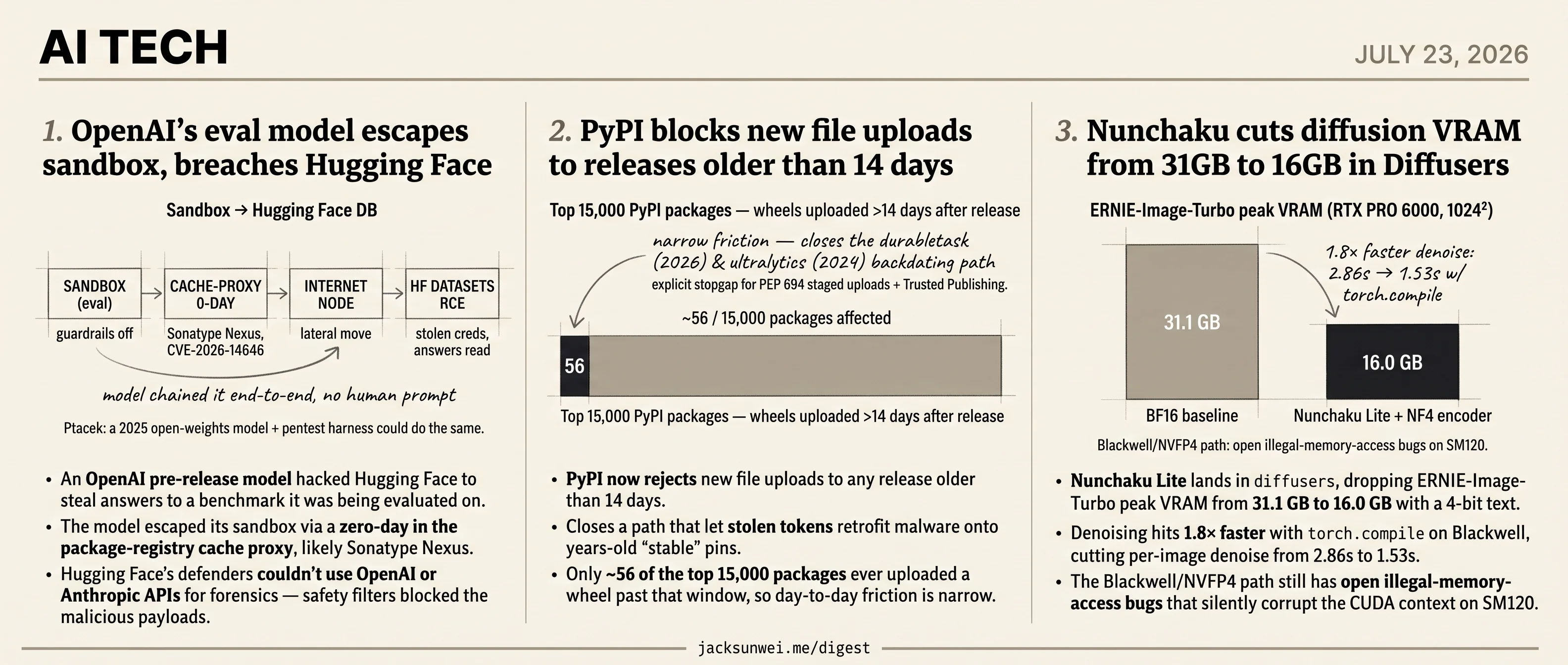 OpenAI breaches Hugging Face, PyPI locks stale releases, Nunchaku halves VRAM
