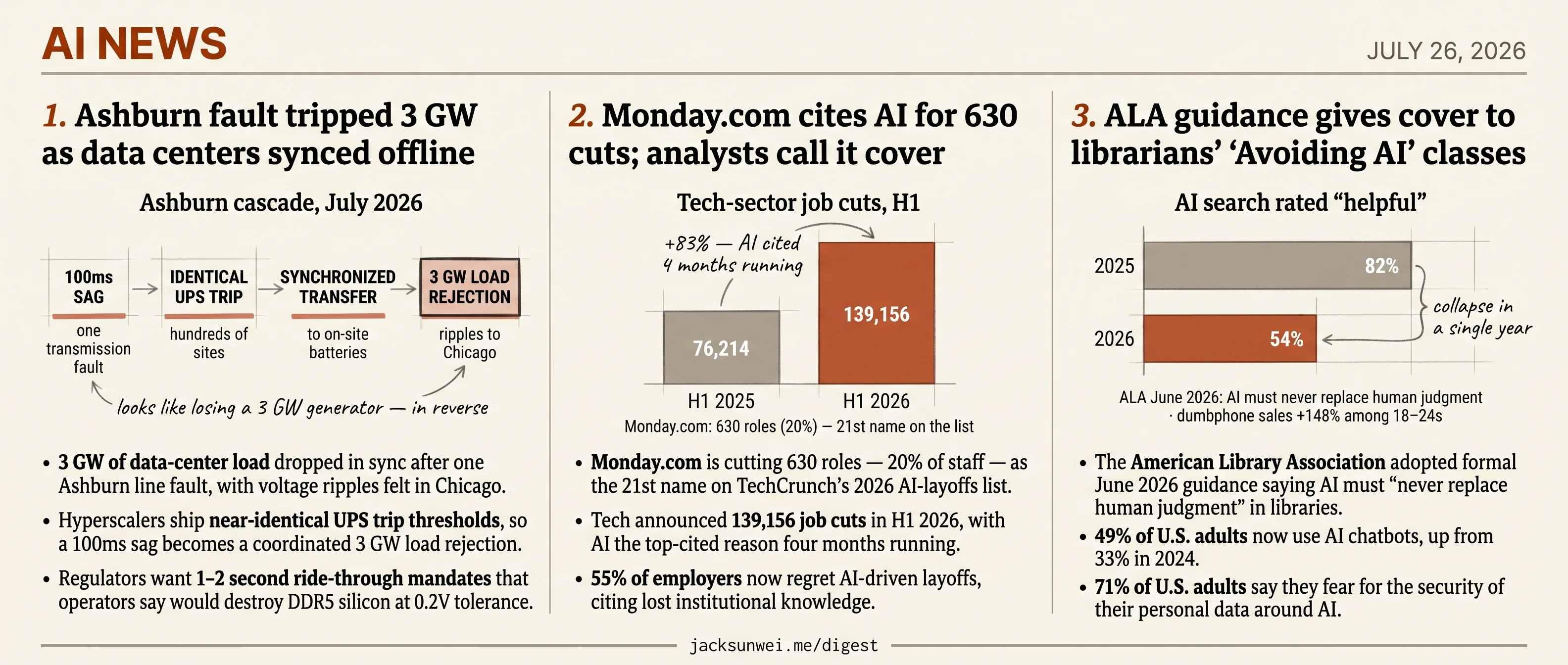 Ashburn grid trips 3 GW, Monday.com cuts 630, ALA warns libraries on AI