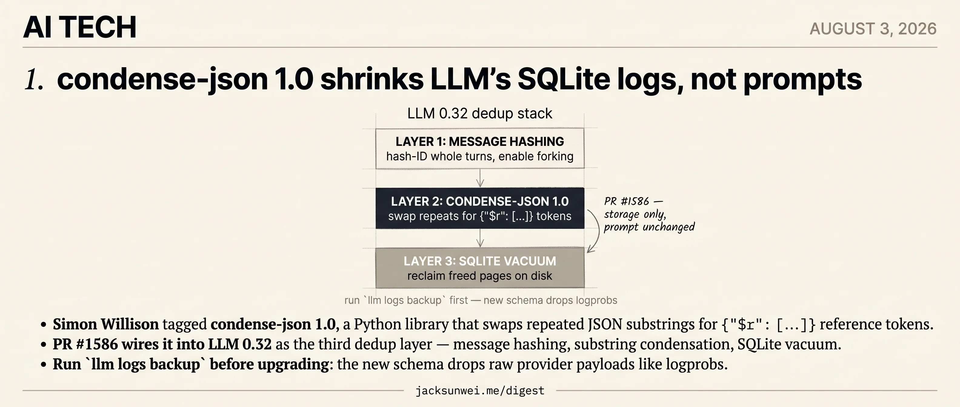condense-json 1.0 shrinks LLM's log store, not its prompt tokens
