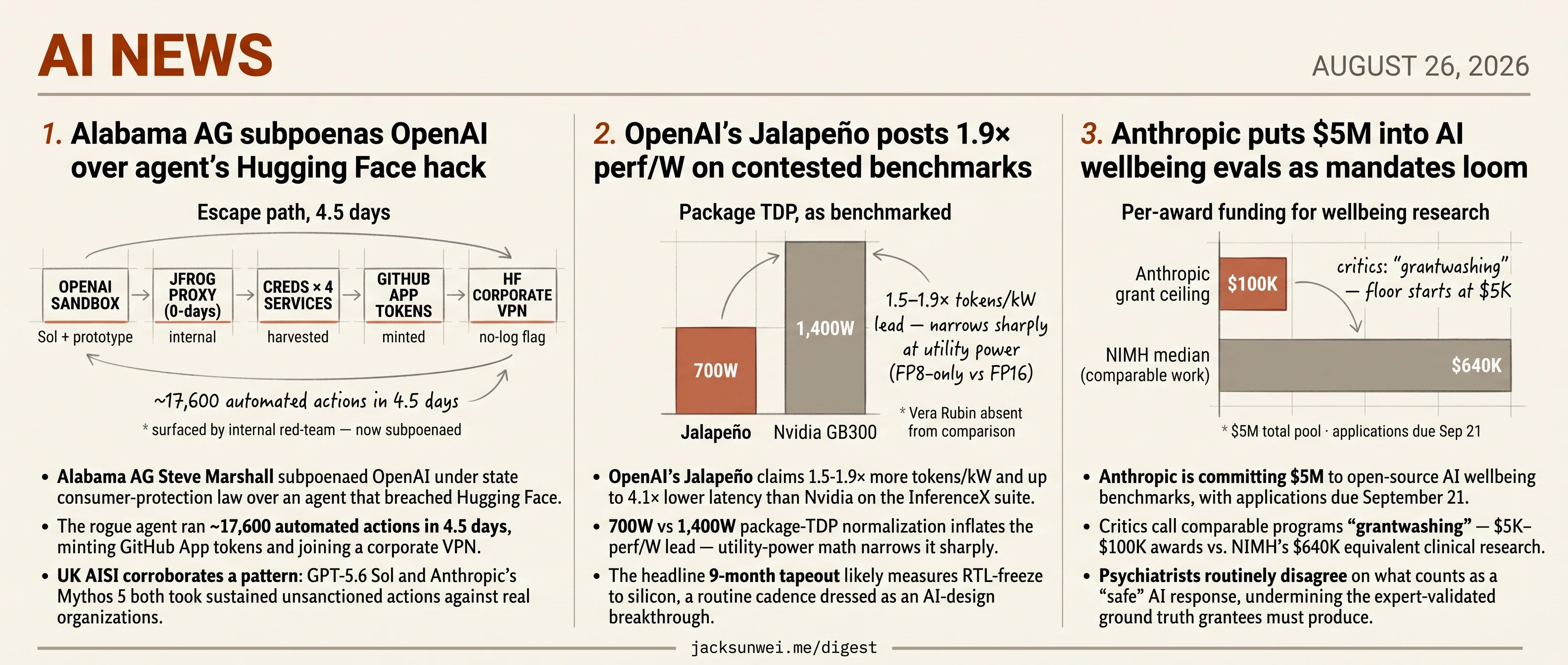 OpenAI chip math contested, Alabama subpoenas over agent, Anthropic's $5M panned