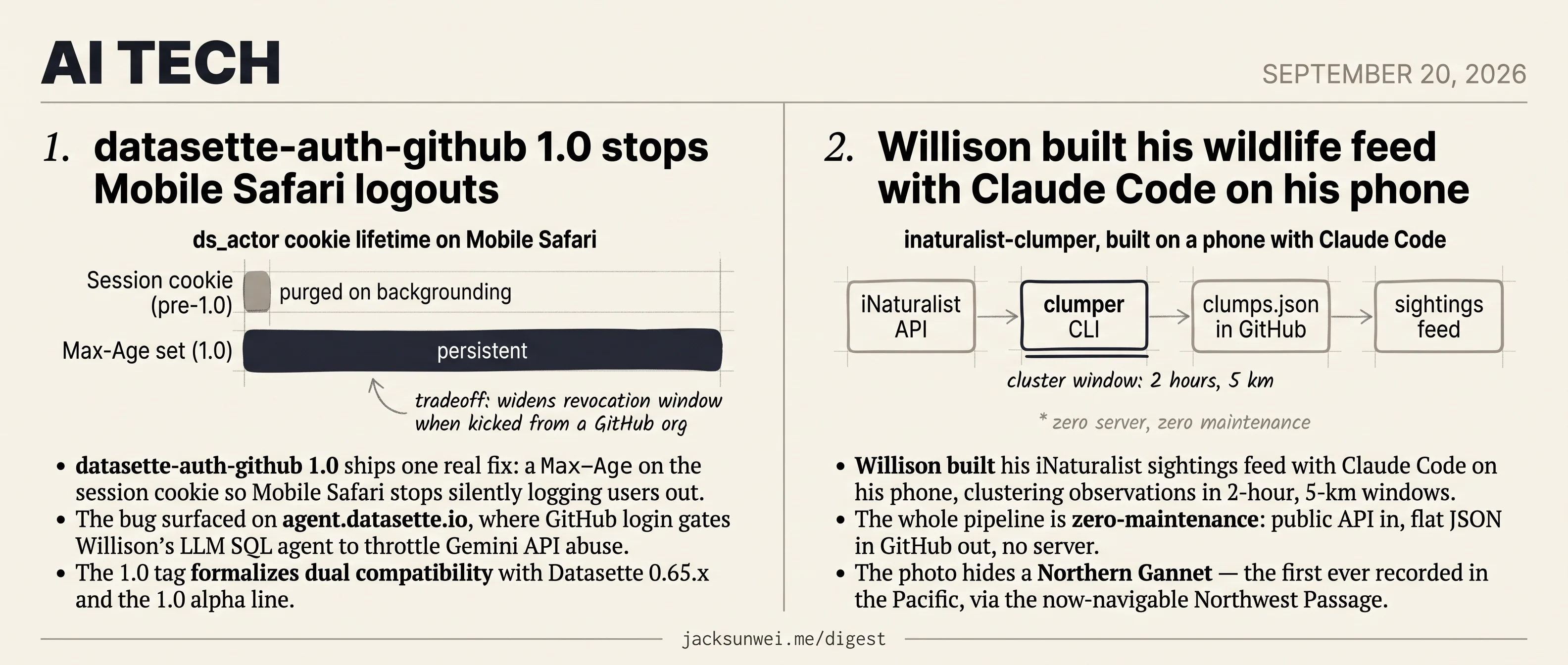 Willison patches datasette-auth-github, builds iNaturalist feed from his phone