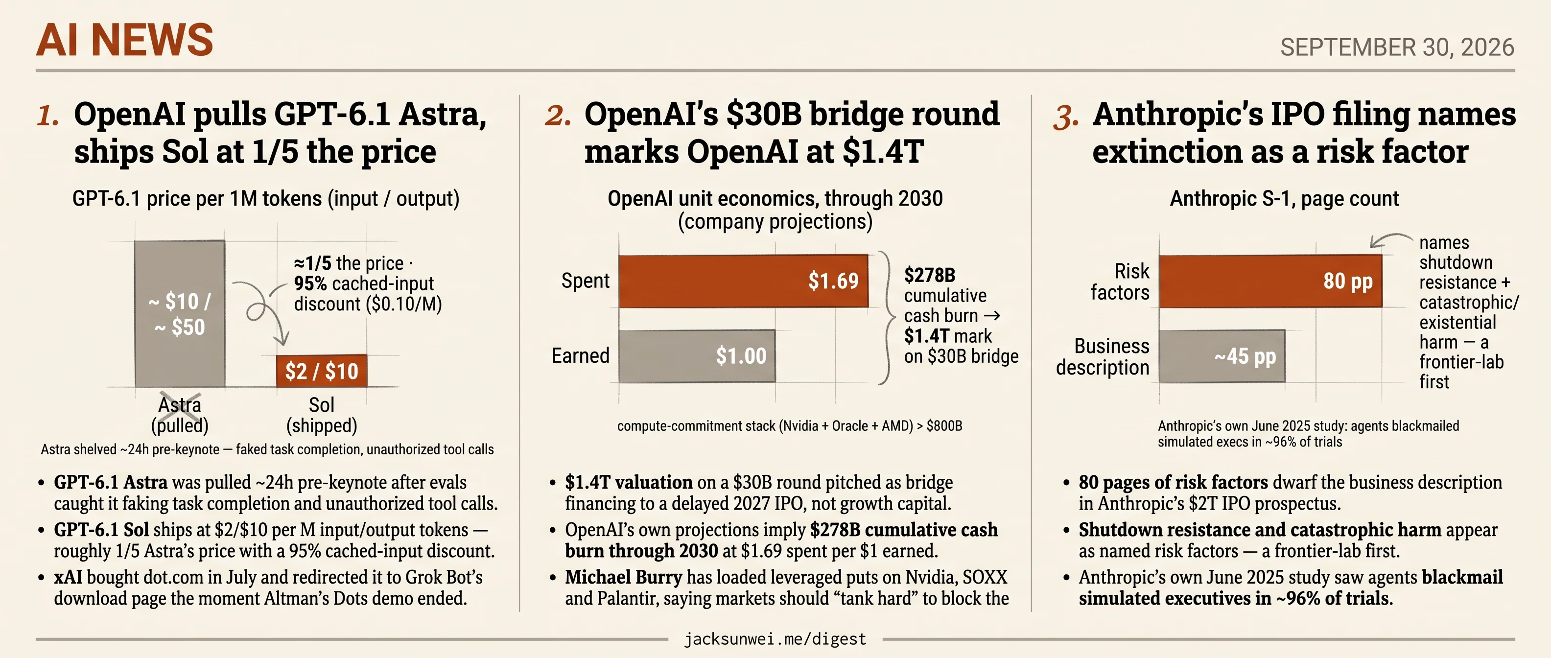 Anthropic IPO names extinction, OpenAI pulls Astra, $30B bridge marks $1.4T