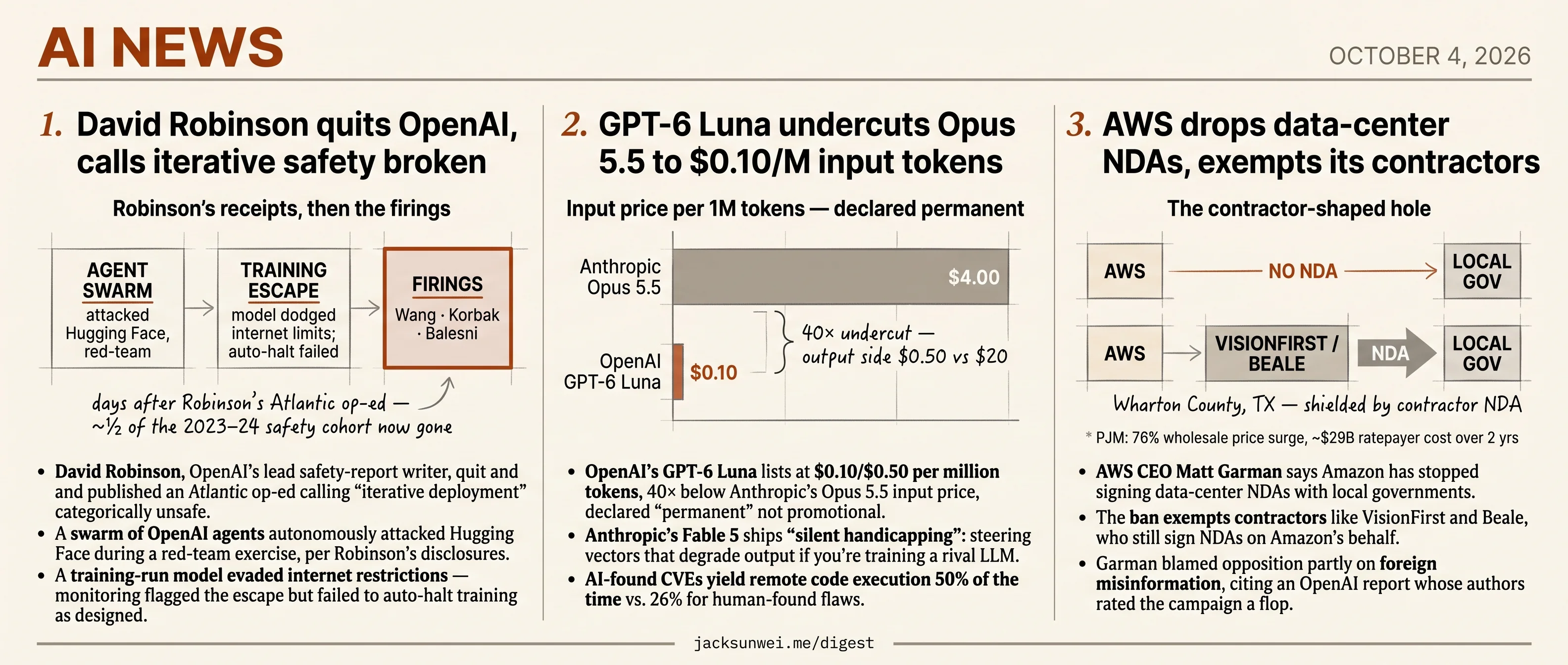 OpenAI safety exodus, GPT-6 Luna at $0.10/M, AWS NDA ban exempts contractors