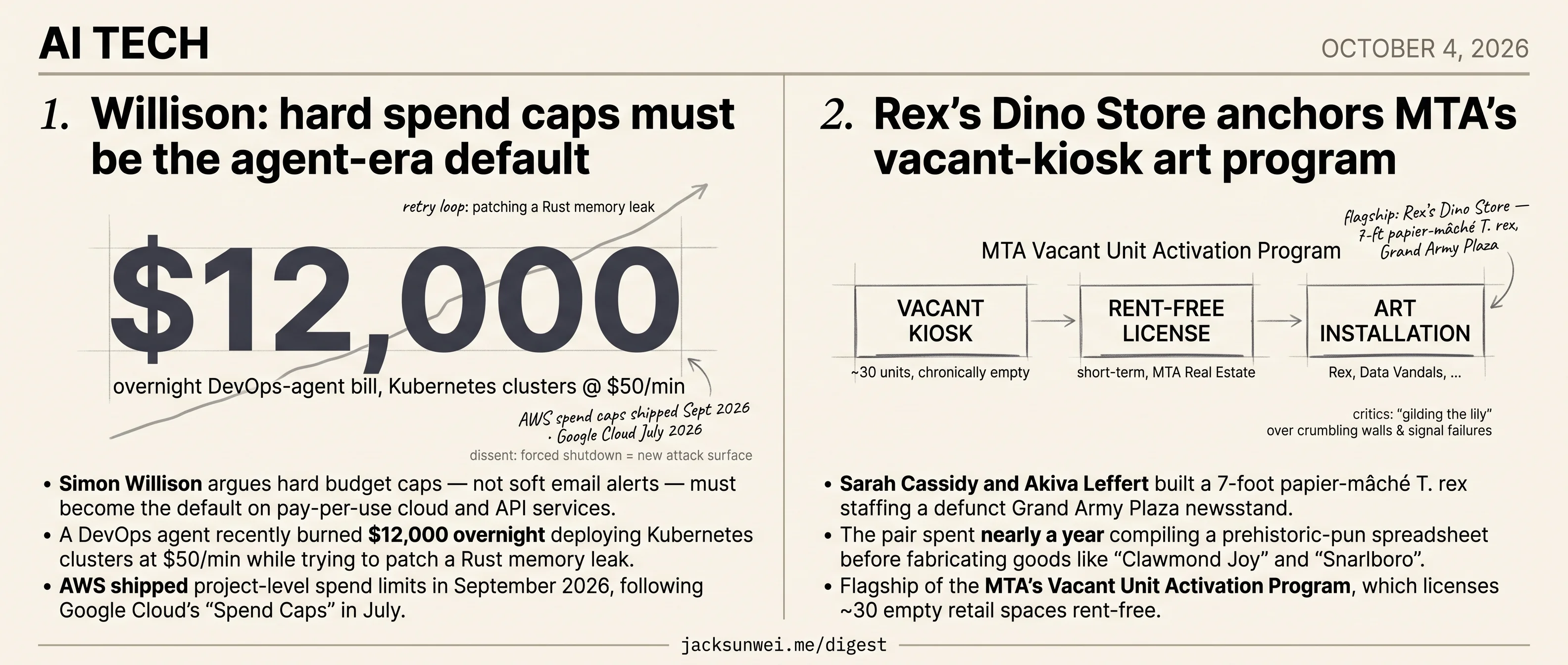 Willison calls for hard spend caps; MTA kiosk gets a papier-mâché T. rex