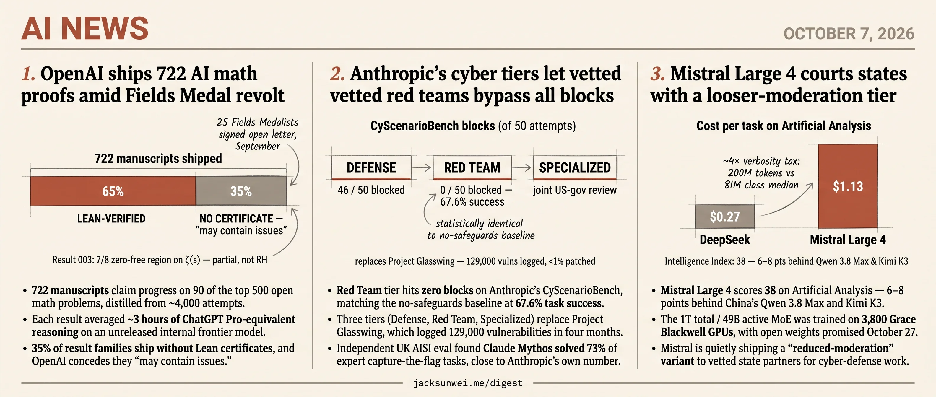 OpenAI ships 722 proofs, Mistral opens state tier, Anthropic unblocks red teams
