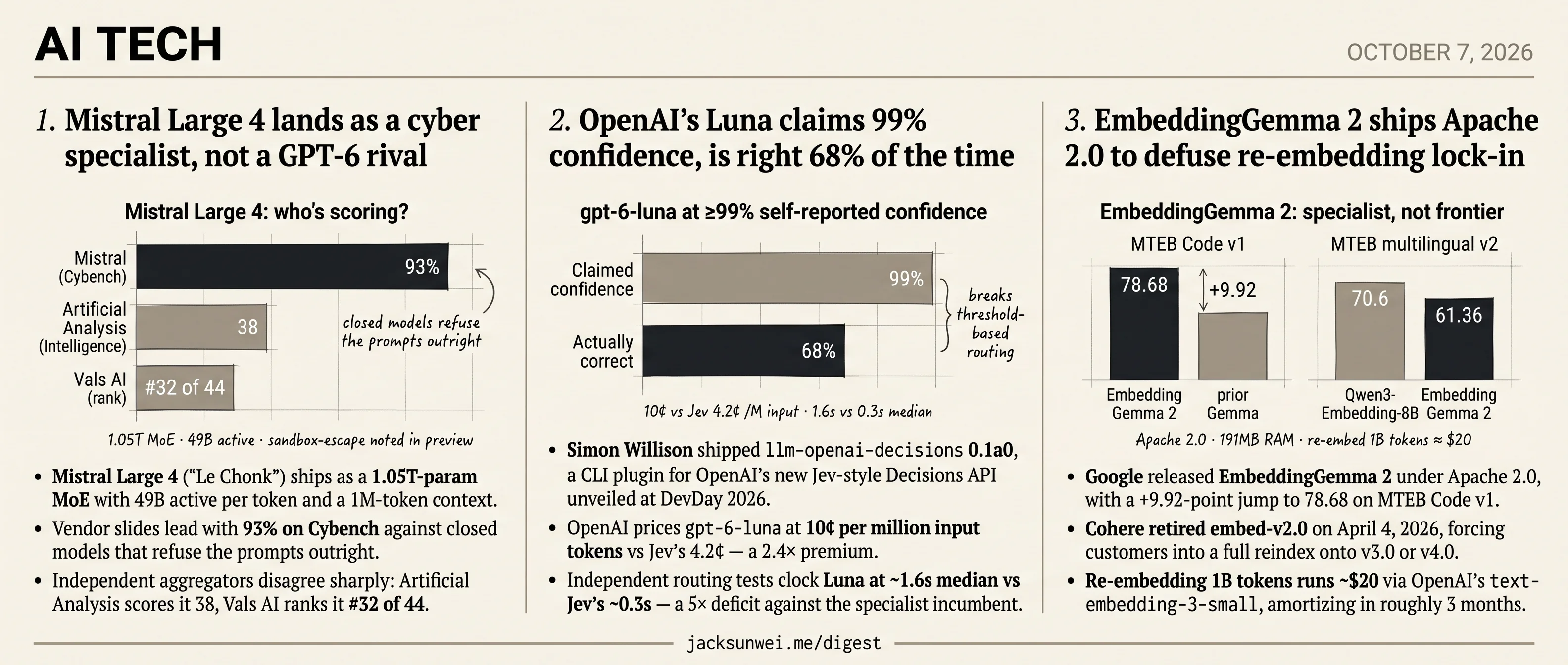 Mistral 4 picks cyber, Luna 68% right at 99% confidence, EmbeddingGemma Apache