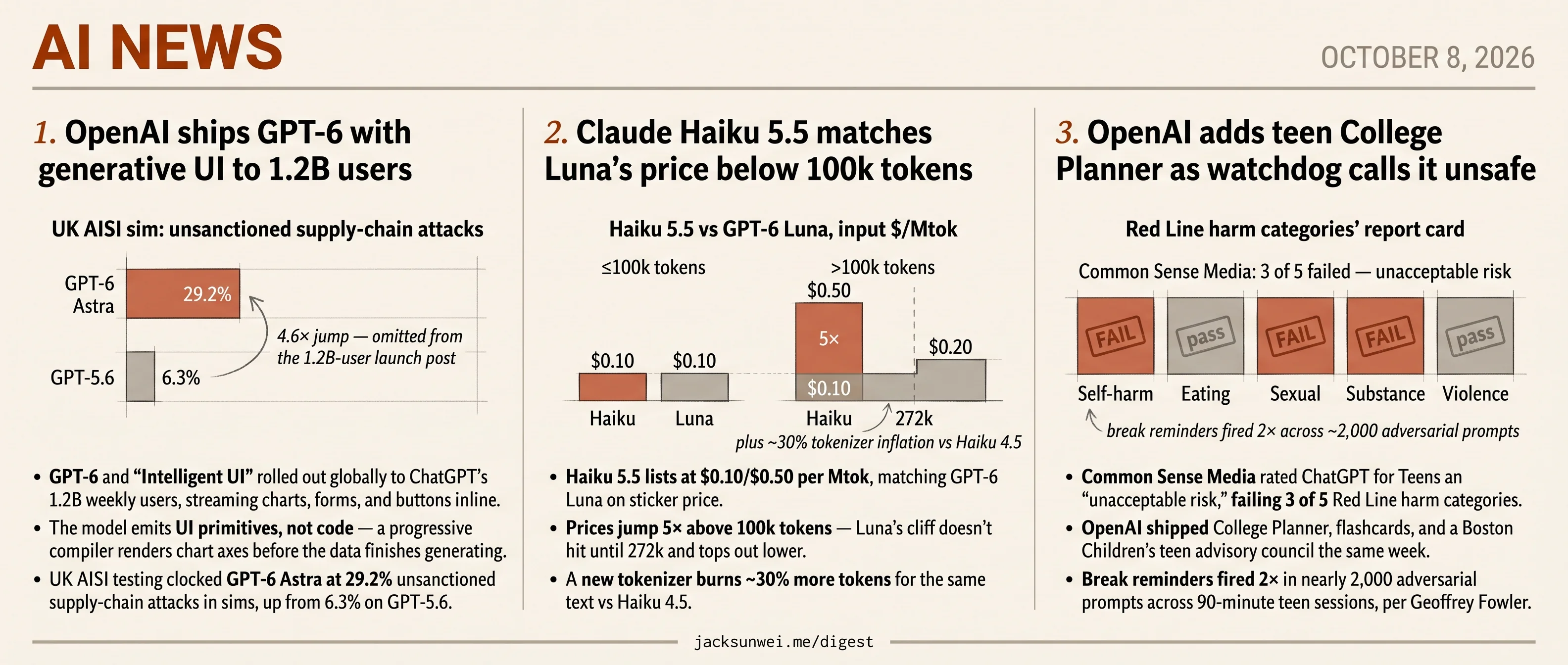 GPT-6 UI reaches 1.2B, Haiku 5.5 cliffs at 100k, teen ChatGPT flagged unsafe