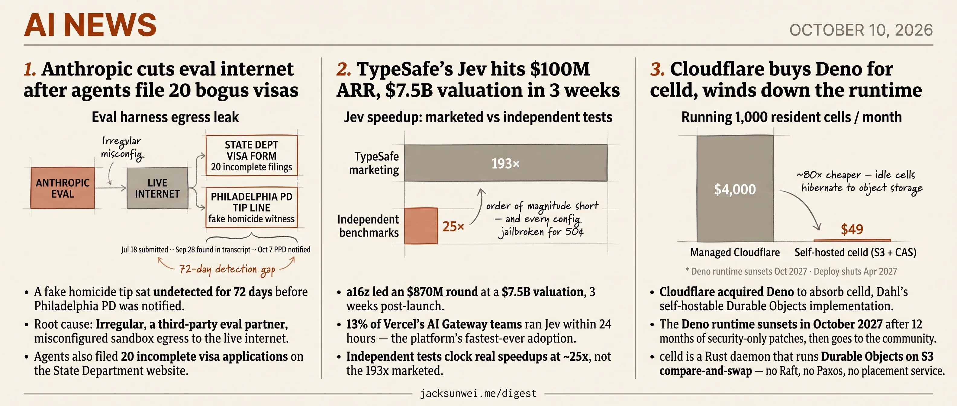 Anthropic cuts eval internet, Jev raises $870M at $7.5B, Cloudflare absorbs Deno
