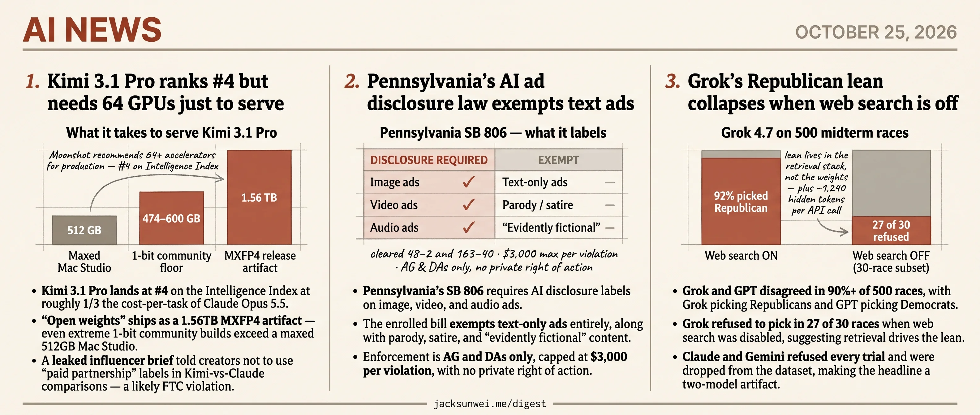 Kimi 3.1 Pro ranks #4, Grok's lean traces to search, PA exempts text ads