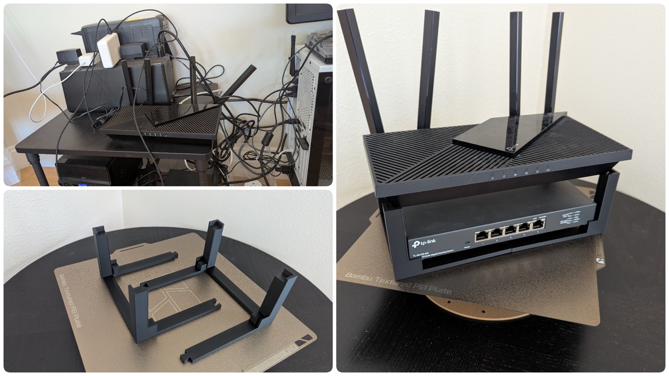 Three-panel before / during / after: a cluttered desk with the router buried under cables (top-left), the printed stand halves on a Bambu print bed (bottom-left), and the final assembled stand with the TP-Link router on top and the 5-port switch tucked into the middle (right).