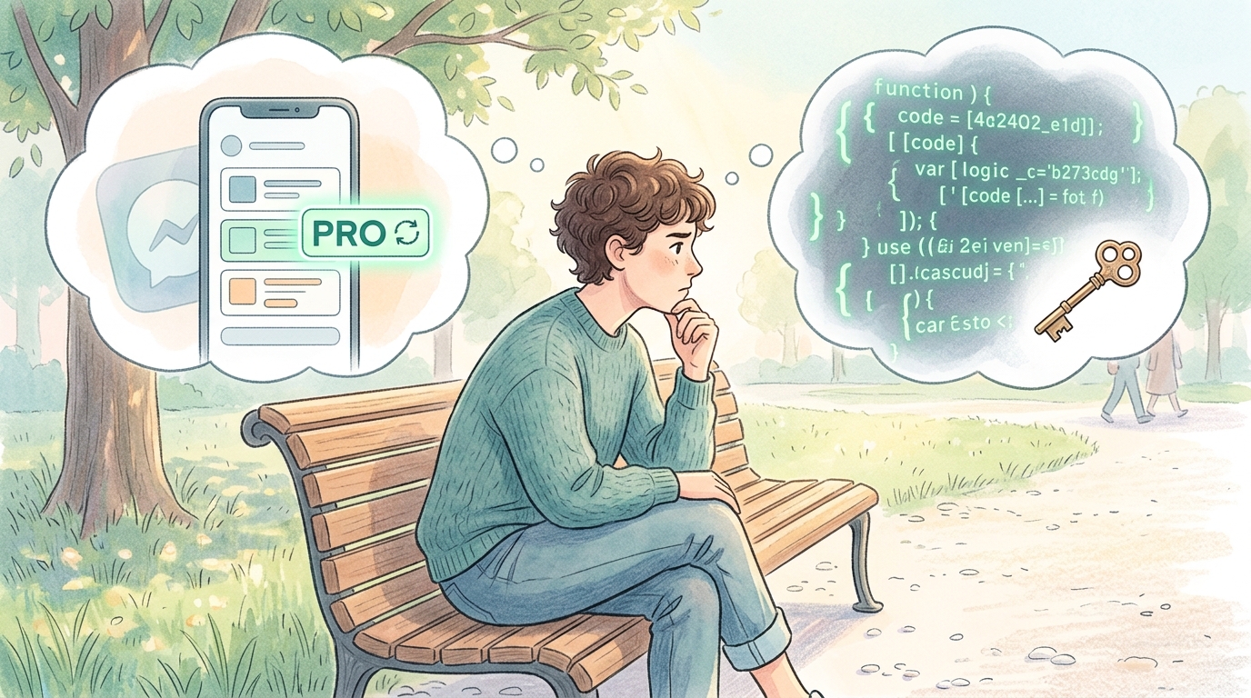 A person on a park bench, deep in thought between two options: a subscription dashboard with a 'PRO' badge and recurring-renewal icon on the left, and raw code with a brass key on the right.